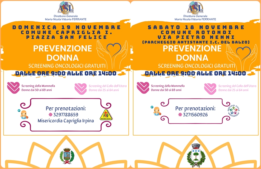 SCREENING ONCOLOGICI, I CAMPER DELL’ASL SABATO A ROTONDI E DOMENICA A CAPRIGLIA IRPINA