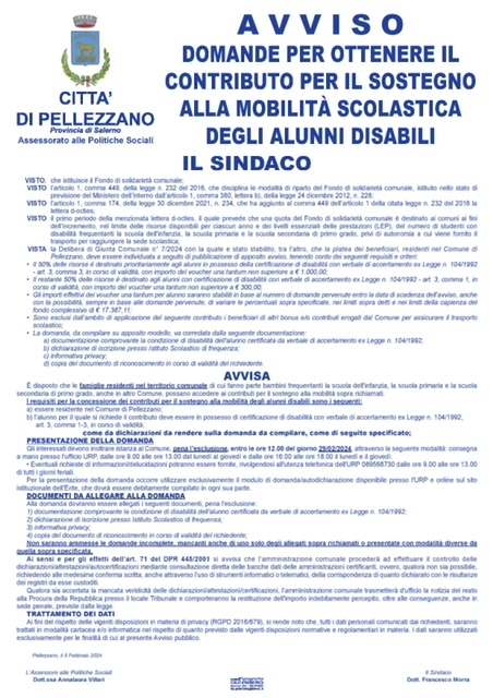 PELLEZZANO: AL VIA LE DOMANDE PER OTTENERE IL CONTRIBUTO PER IL SOSTEGNO ALLA MOBILITA’ SCOLASTICA DEGLI ALUNNI DISABILI