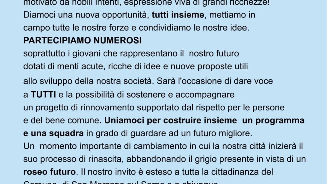 Il comitato civico “Vivi San Marzano” incontra la comunità di San Marzano sul Sarno. Assemblea venerdì 12 aprile alle 19 presso il ristorante Malaga.